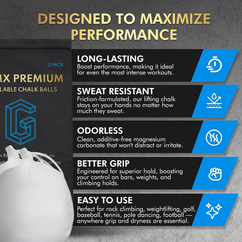 GVMX 130g (2 x 65g) Premium Chalk Balls. Pro-Grade Gym Chalk in Refillable Sock. Eco Friendly Packaging. Grip Enhancing Gym Accessory for Weightlifting, Rock Climbing, Gymnastics & More. Package May Vary. - Image 3